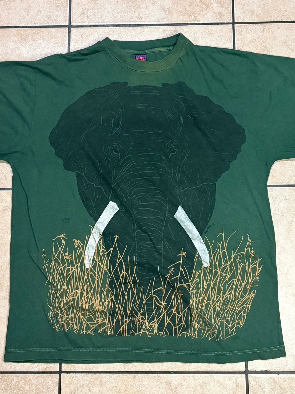 Vintage 90s Men's Short Sleeve Elephant Graphic Tee - Forest Green